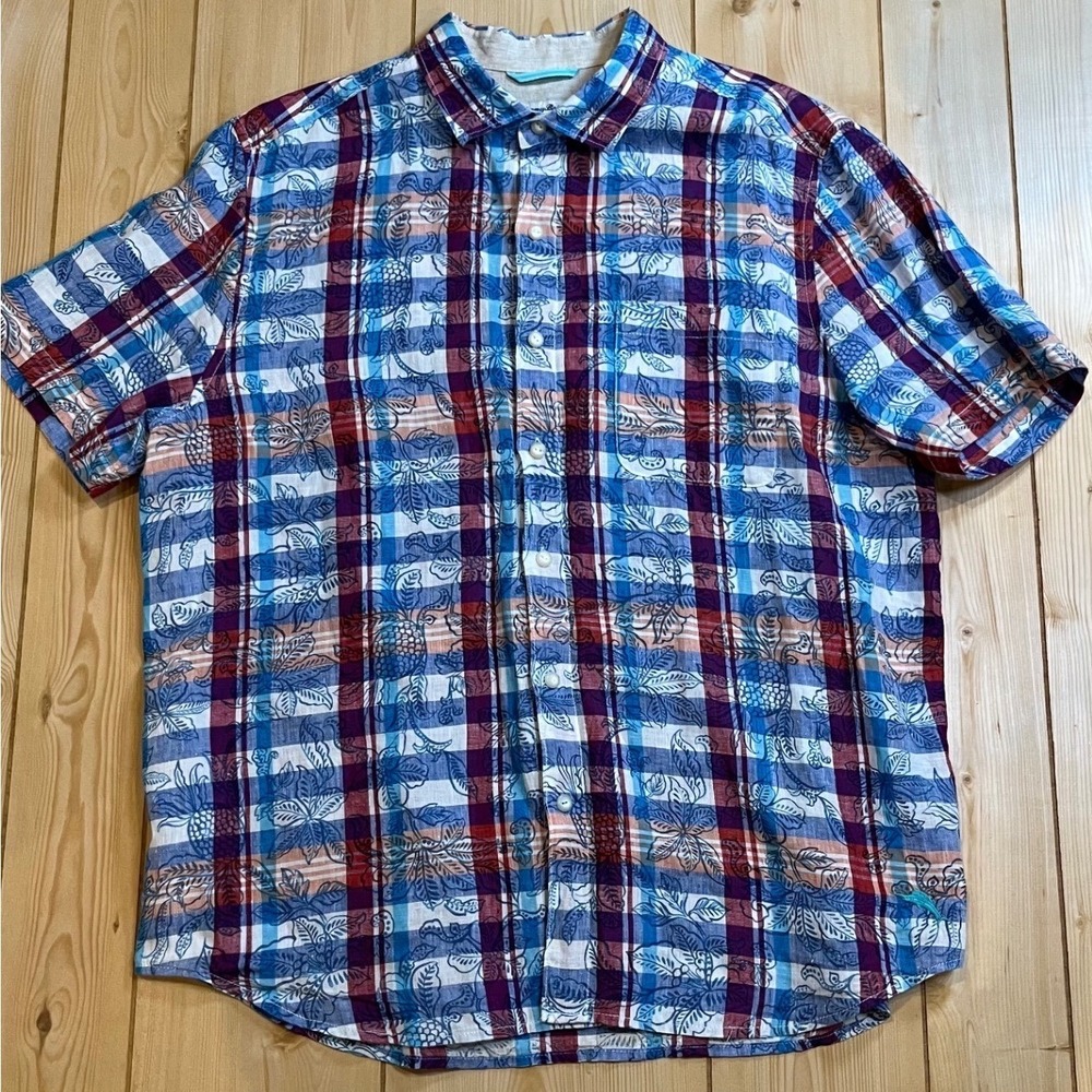 Tommy Bahama Men XL 100% Linen Short Sleeve Tropical Plaid Leaf Pineapple Print